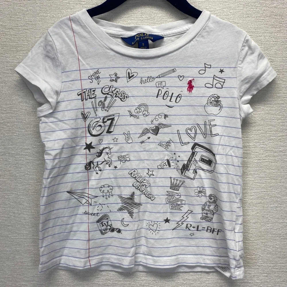 Polo‎ Ralph Lauren Kids White Doodle Lined Graphic T Shirt Size 5